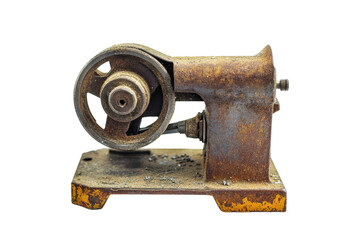 Vintage industrial sewing machine head with handwheel and rusty metal texture isolated on Transparent Background