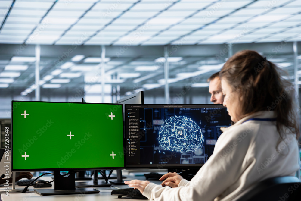 Poster woman in ai data center coding on green screen computers, upgrading equipment. it engineers at pc de