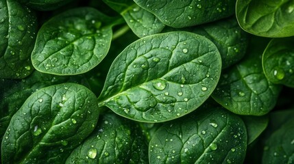 Vibrant green spinach leaves showcase their freshness, adorned with glistening water droplets after a soothing rain shower. The rich textures and colors evoke a sense of nourishment