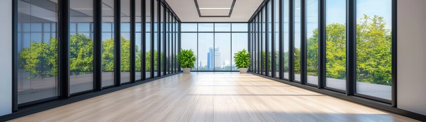 Fototapeta premium Modern Office Space with Energy Efficient LED Lighting and Greenery for a Calming Atmosphere