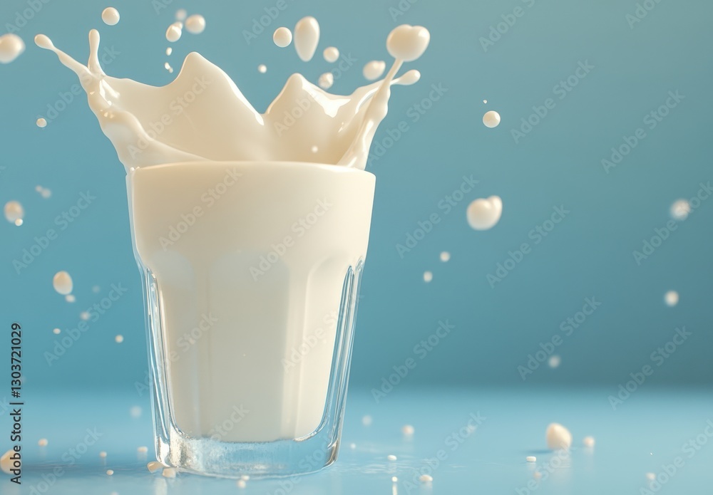 Aufkleber splashing white milk in clear glass against soft blue background with droplets in mid-air capturing 
