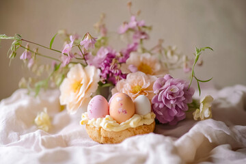 Pastel Easter card with eggs and flowers