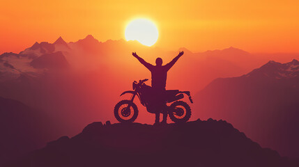Fototapeta premium A silhouette of a man on his adventure motorcycle on the transfagarasan, celebrating the end of an epic journey with arms raised in the sunset light. Journey - Path. Illustration