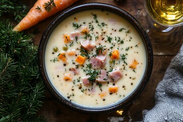 Creamy Soup with Veggies on Wooden Tabletop