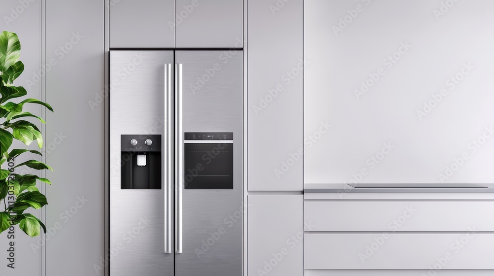 Poster modern kitchen with efficient appliances for power saving in a sleek design and minimalist style