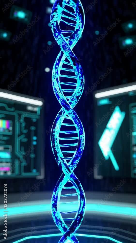 Aufkleber glowing dna helix rotating in futuristic lab with digital interfaces