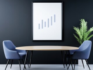 Modern office interior with round table, blue chairs, and abstract wall art
