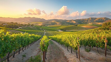 Fototapeta premium Vineyard landscape at golden hour, rolling hills, sunrise