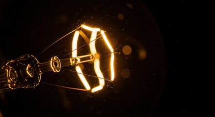 Vintage Filament Light Bulb Close-Up with Warm Glow and Transparent Glass