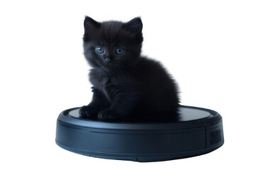 Gato de color negro sobre robot aspirador en fondo aislado