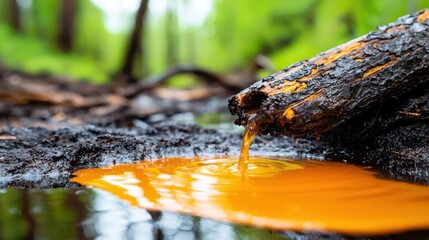 Fototapeta premium Toxic Waste Spill Contaminating River Landscape Causing Environmental Chaos in Wilderness Area