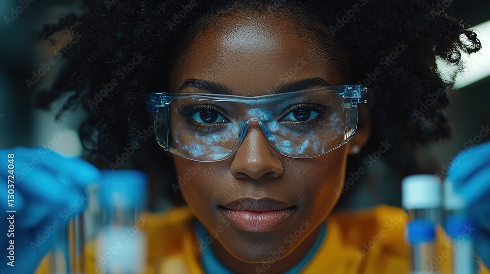 Poster a scientist focused while analyzing test tubes in the lab