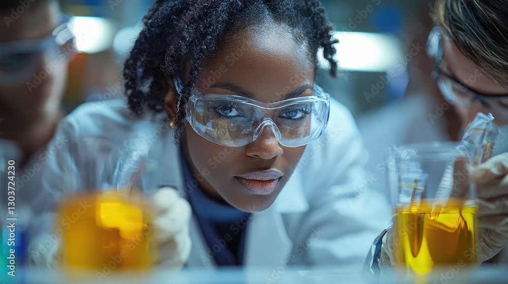 Poster a focused scientist inspecting samples in a laboratory setting
