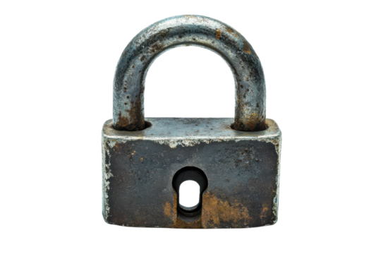 An aged padlock rests on a clean white surface, evoking a sense of nostalgia and security isolated on transparent background - Powered by Adobe