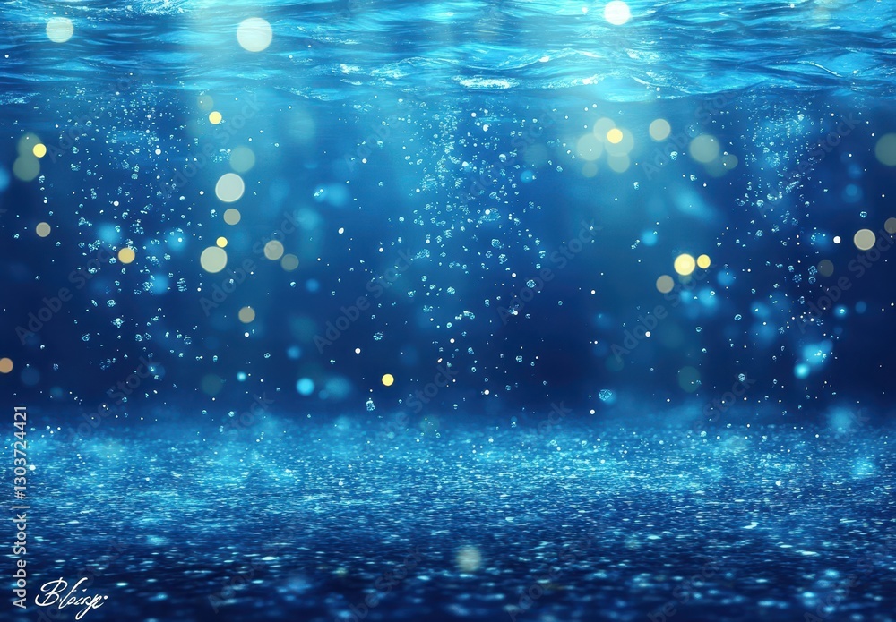 Poster underwater scene with sparkling blue water and soft bokeh effect creating a dreamy atmosphere in the