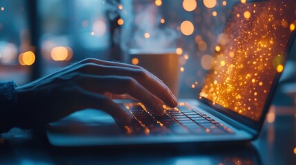 A closeup of hands tapping away on a highspeed laptop fingers flying across the keys. In the background the ambiance of the city is alive with distant sounds of traffic and voices while