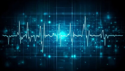 Glowing Electric Blue EKG Line Graph On Dark Digital Grid Background, Healthcare Technology