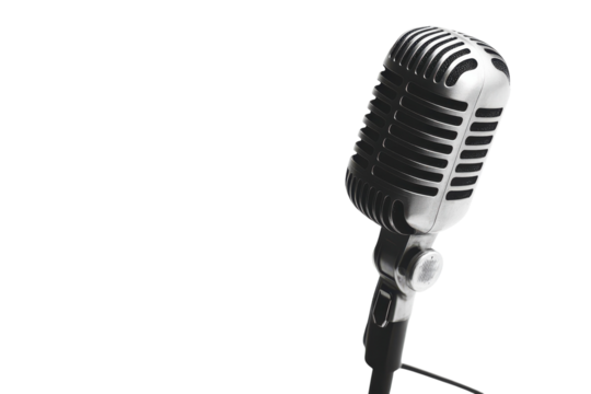 A vintage microphone elegantly stands alone against a stark white background, inviting creativity isolated on transparent background