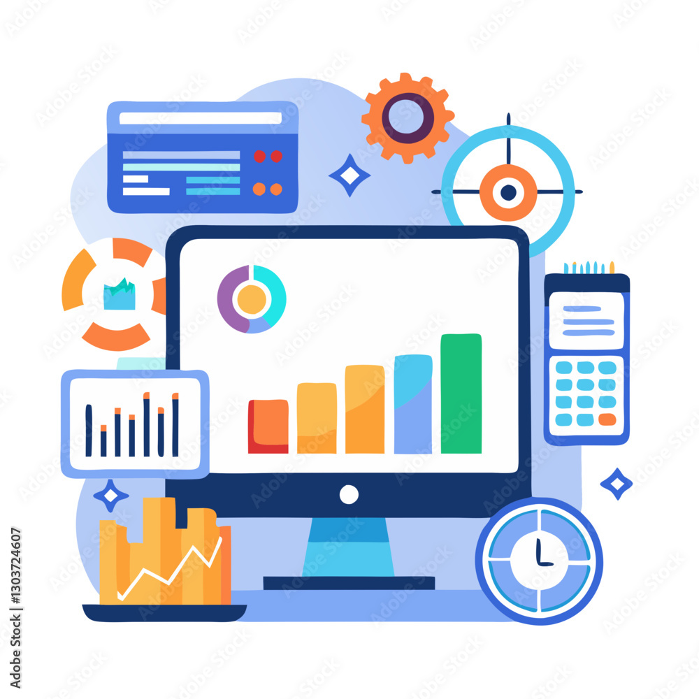 Poster dashboard displays key performance indicators and real time analytics metrics on a computer screen, 