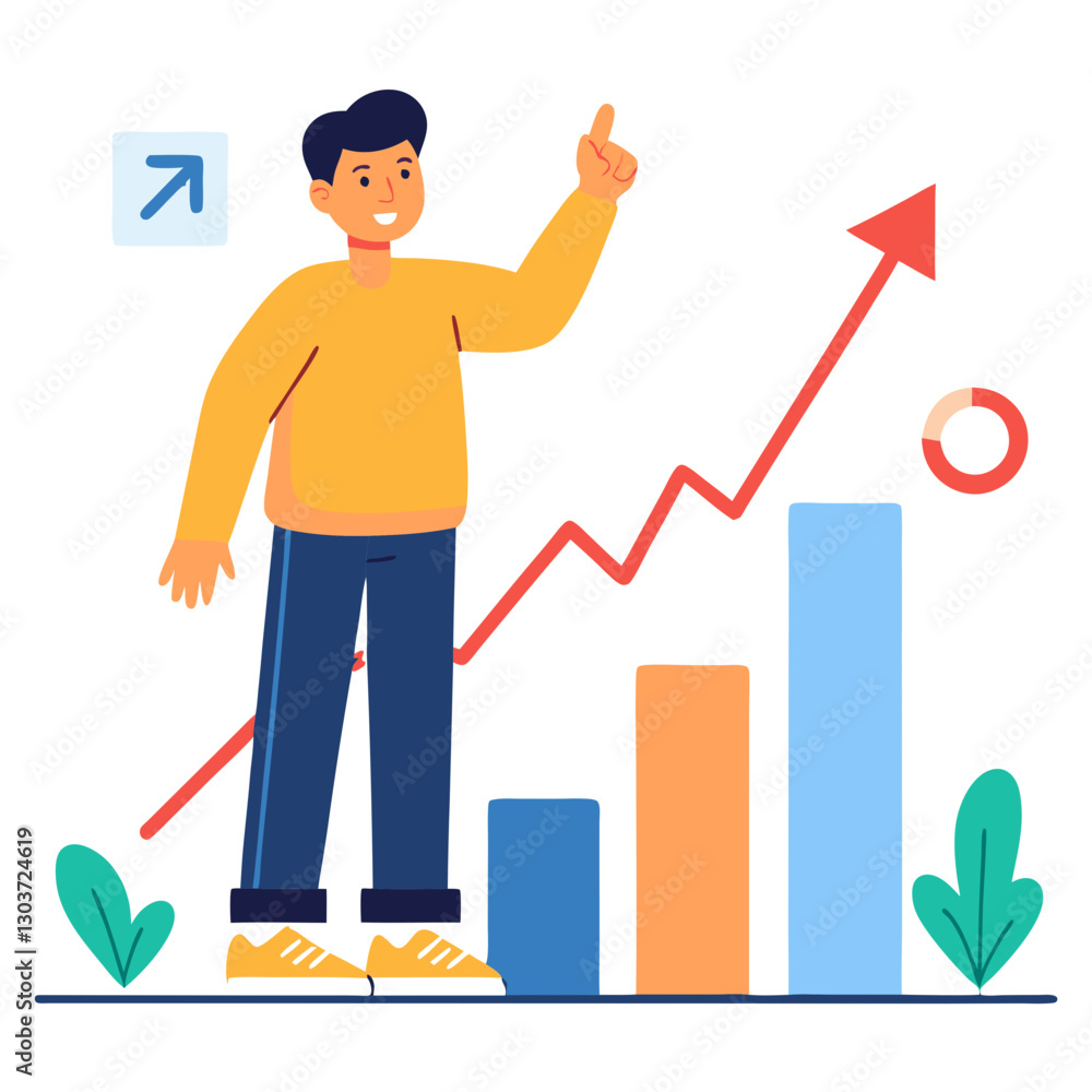 Poster a figure in a vibrant sweater points with excitement at a graph displaying notable upward growth. th