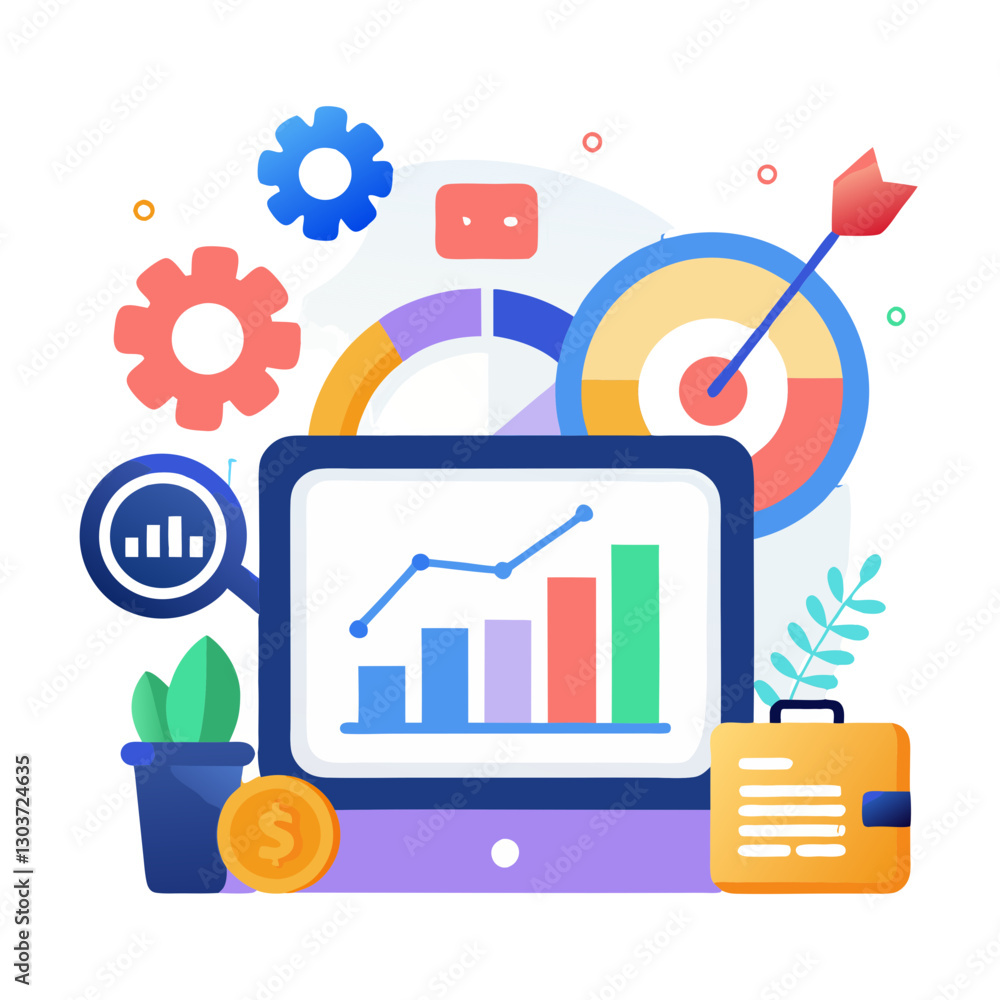 Poster a vibrant dashboard displays key performance indicators with graphs and charts, surrounded by gears 