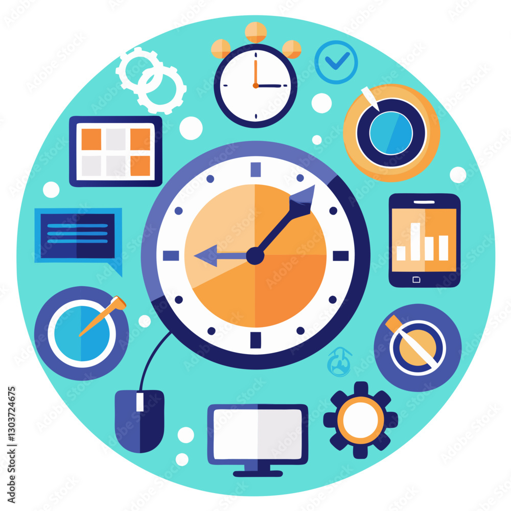 Poster a glowing clock sits at the center, surrounded by an array of tech devices, including screens, chart