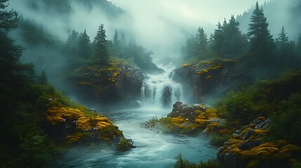 Misty mountain waterfall, river flows, fog, greenery, scenic