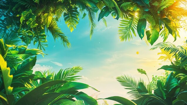 Vibrant digital illustration , showcasing rectangle white blank empty space for a stunning summer banner overflowing with lush, crafted from vibrant tropical leaves and suspended against a radiant azu