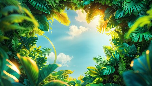 Vibrant digital illustration , showcasing rectangle white blank empty space for a stunning summer banner overflowing with lush, crafted from vibrant tropical leaves and suspended against a radiant azu