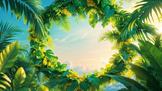 Vibrant digital illustration , showcasing rectangle white blank empty space for a stunning summer banner overflowing with lush, crafted from vibrant tropical leaves and suspended against a radiant azu