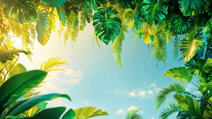 Vibrant digital illustration , showcasing rectangle white blank empty space for a stunning summer banner overflowing with lush, crafted from vibrant tropical leaves and suspended against a radiant azu
