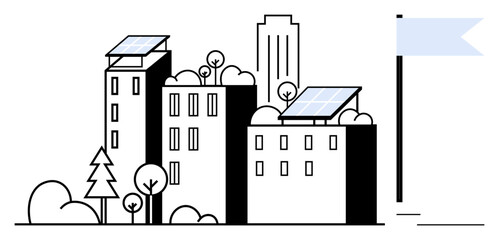 Eco-friendly cityscape with solar panels, trees, and rooftop plants. Ideal for sustainability, renewable energy, urban development, green living, architecture, environmental awareness flat simple