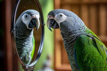 Fototapeta premium Parrot admiring itself in a mirror inside a cozy indoor setting with green accents and warm lighting