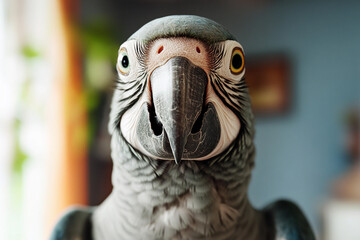 Fototapeta premium Gray parrot showing vibrant details and inquisitive expression in indoor setting during daylight