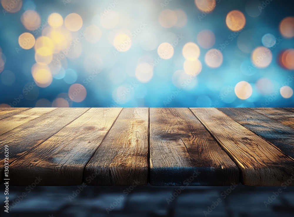 Poster wooden table surface with blurred bokeh effect in bright colors ideal for displaying products or cre