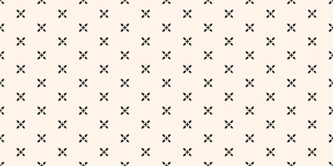 Vector floral minimalist seamless pattern. Abstract black and white minimal geometric ornament with small flowers, stars, leaves. Simple monochrome background. Stylish texture. Repeating easy design