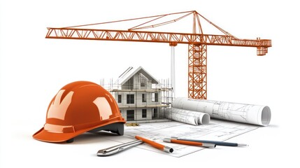Construction site model with crane and blueprints
