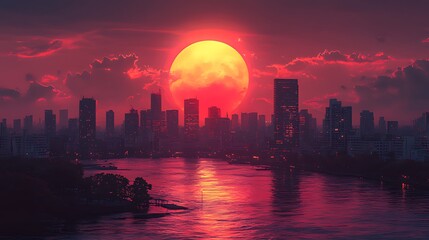 Obraz premium Cityscape sunset, crimson moonrise, river reflection, fantasy art, digital wallpaper