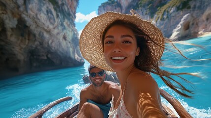 Happy couple taking a selfie on a wooden boat surrounded by crystal-clear turquoise waters and stunning limestone cliffs. A perfect summer adventure in a tropical paradise