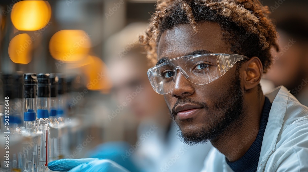 Poster a focused scientist looks directly toward the camera in lab setting