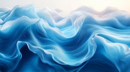 Flowing blue fabric forms abstract hills against a soft background