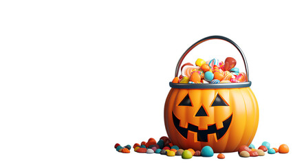 3D illustration of a jack o lantern bucket filled with colorful candy. Ideal for Halloween...