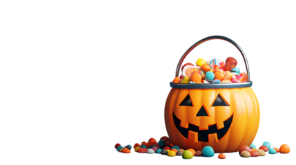 3D illustration of a jack o lantern bucket filled with colorful candy. Ideal for Halloween decorations or festive design elements. Isolated on transparent background.