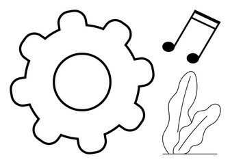 Large gear, musical note, and plant drawing signify mechanics, creative expression, and environmental harmony. Ideal for innovation, teamwork, creativity, sustainability harmony arts minimalism