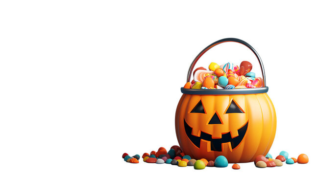 3D illustration of a jack o lantern bucket filled with colorful candy. Ideal for Halloween decorations or festive design elements. Isolated on transparent background.