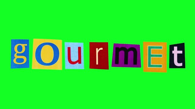 The isolated word gourmet printed in single pieces of colorful paper moving in funny stop motion animation against green screen background. Template culinary logo compiled of crumpling stickers