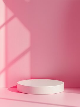 Cotton Candy Pink Concept. Minimalist pink backdrop with a white circular pedestal.