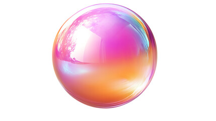 3D iridescent bubble sphere featuring a gradient of pink and orange hues, with a glossy and smooth surface in a modern, artistic design. Isolated on transparent background.