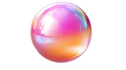 3D iridescent bubble sphere featuring a gradient of pink and orange hues, with a glossy and smooth surface in a modern, artistic design. Isolated on transparent background.