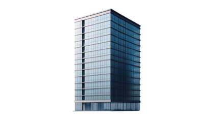 3D minimalist high-rise office building with a sleek, rectangular design and numerous windows. Perfect for urban and business-related visualizations. Isolated on transparent background.